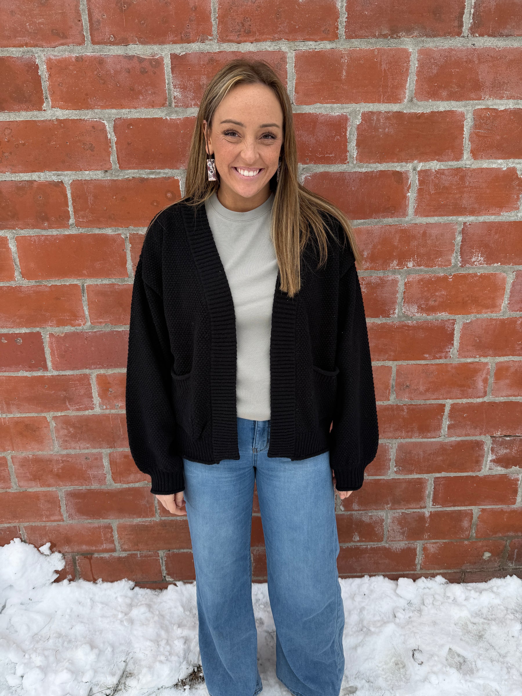 Waffle Knit Cardigan - Black