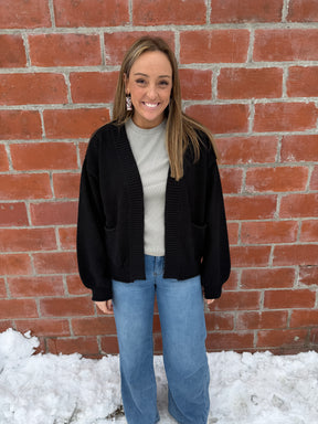 Waffle Knit Cardigan - Black