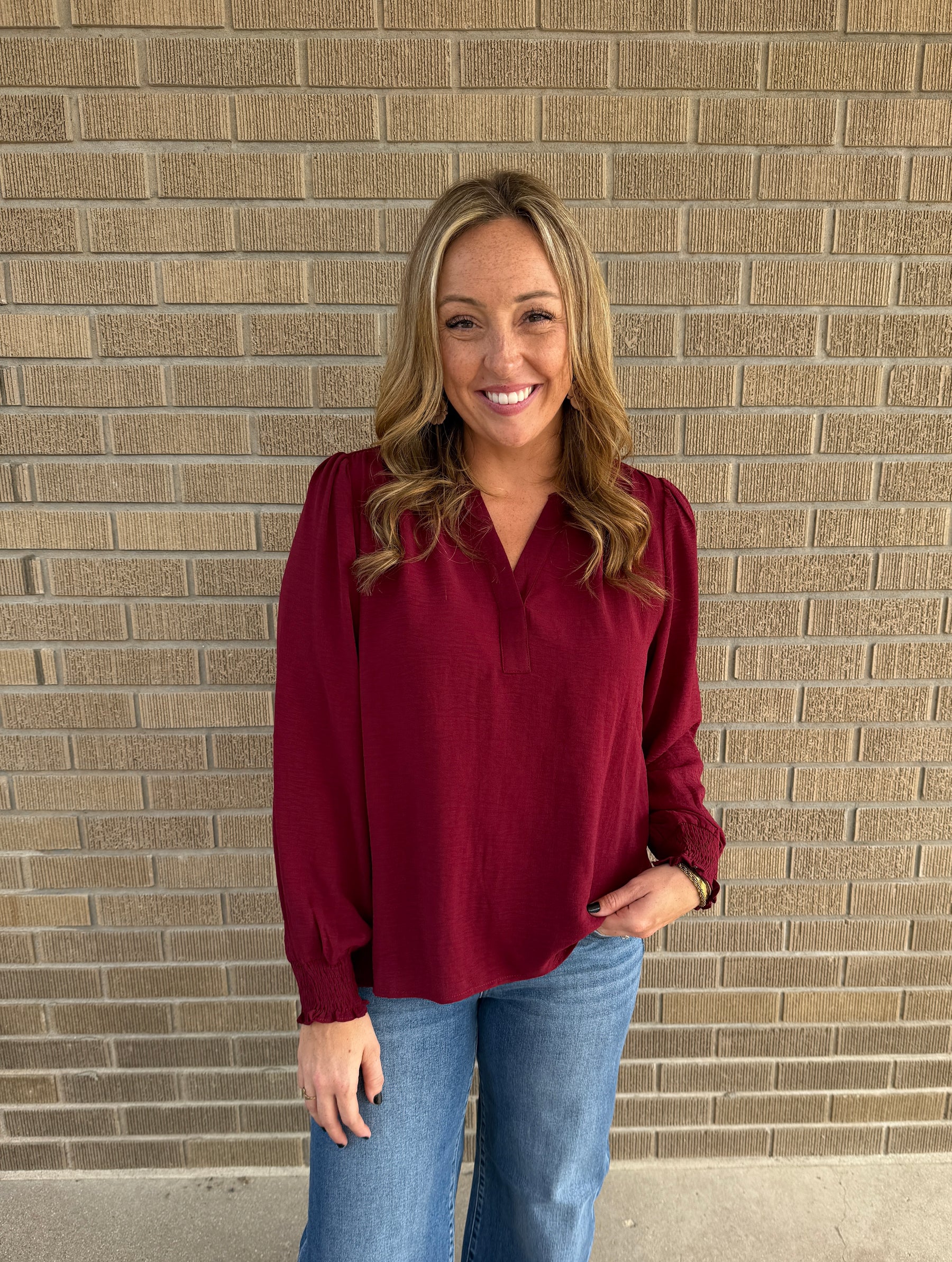 Split V-Neck Blouse - Burgundy