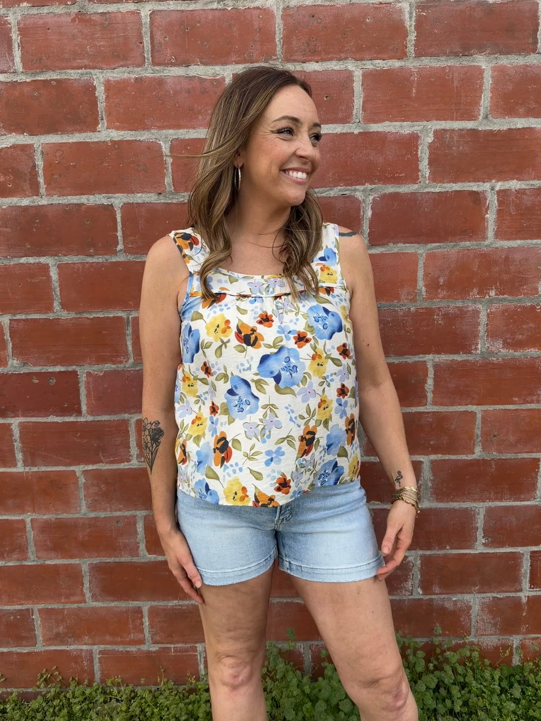 Blue Floral Square Neck Tank