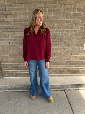 Split V-Neck Blouse - Burgundy