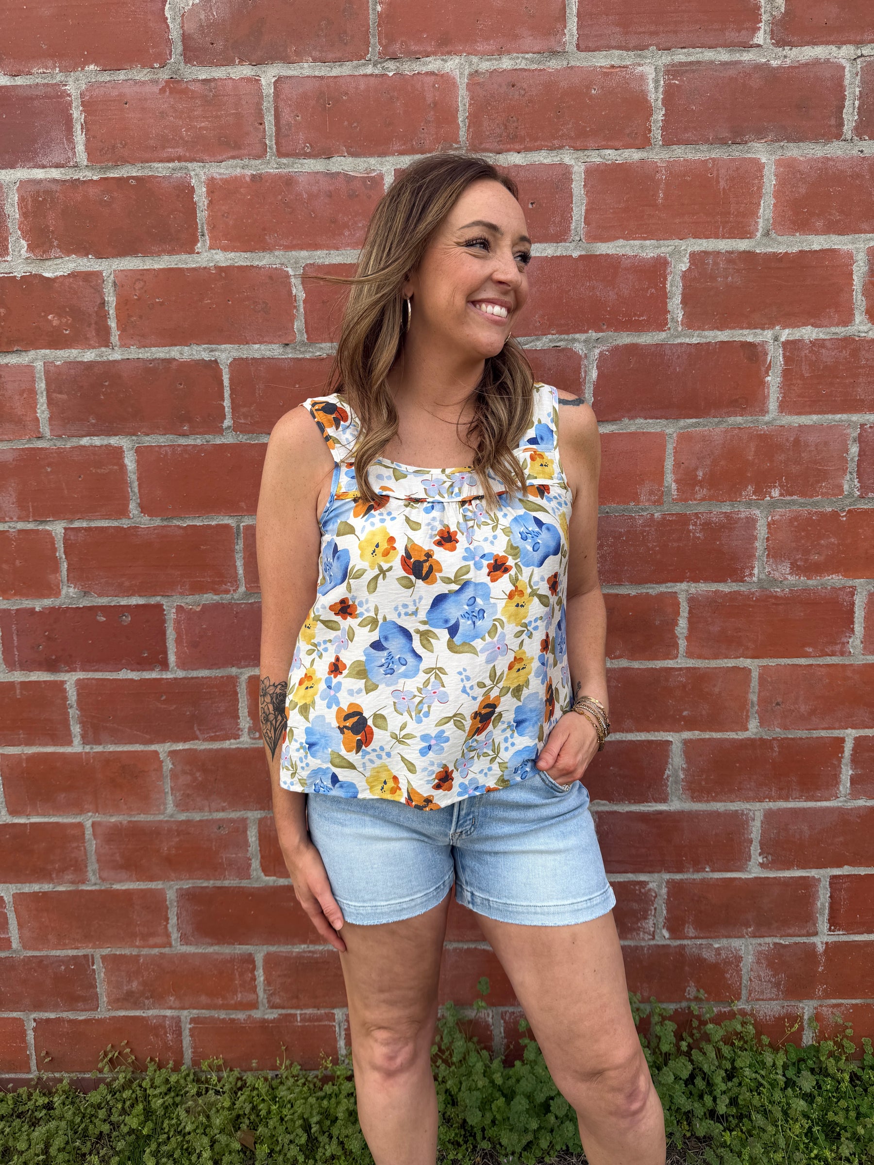 Blue Floral Square Neck Tank