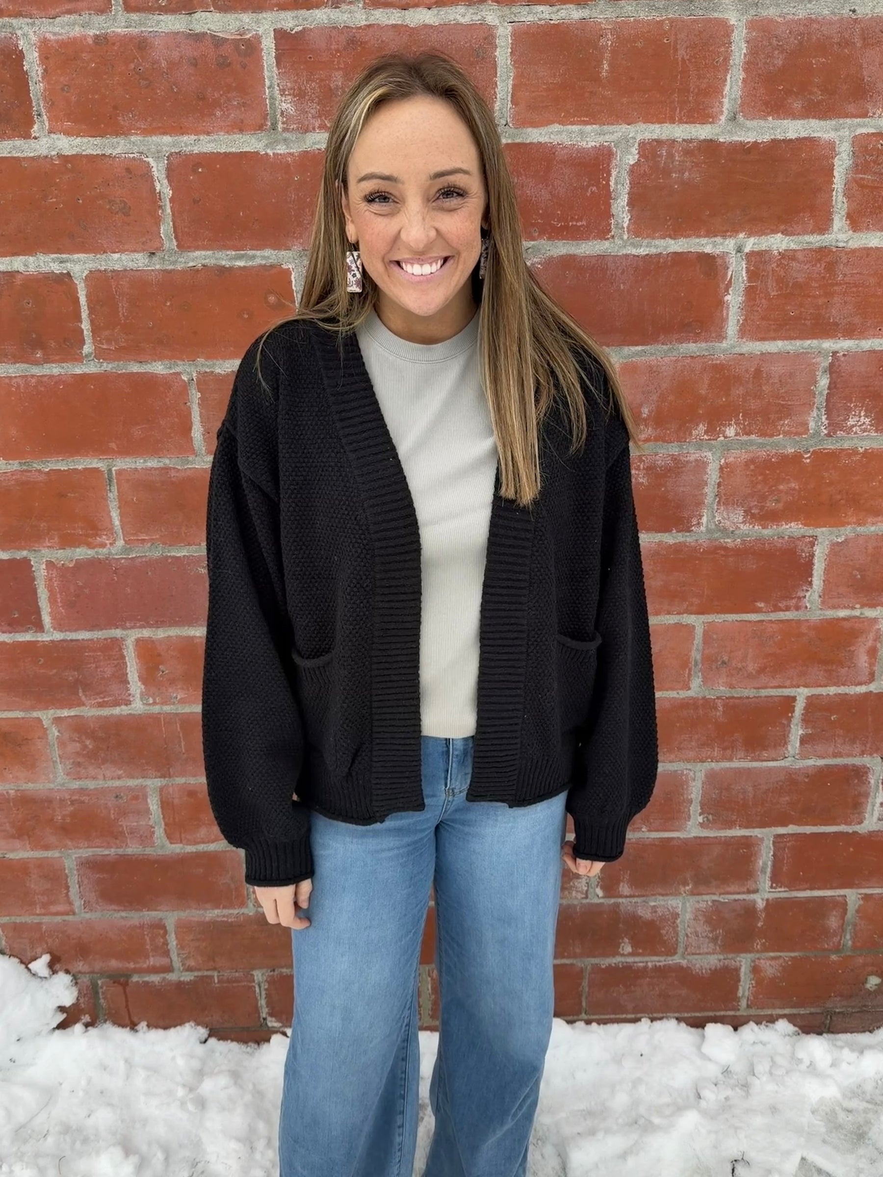 Waffle Knit Cardigan - Black