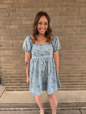 Blue Floral Denim Dress