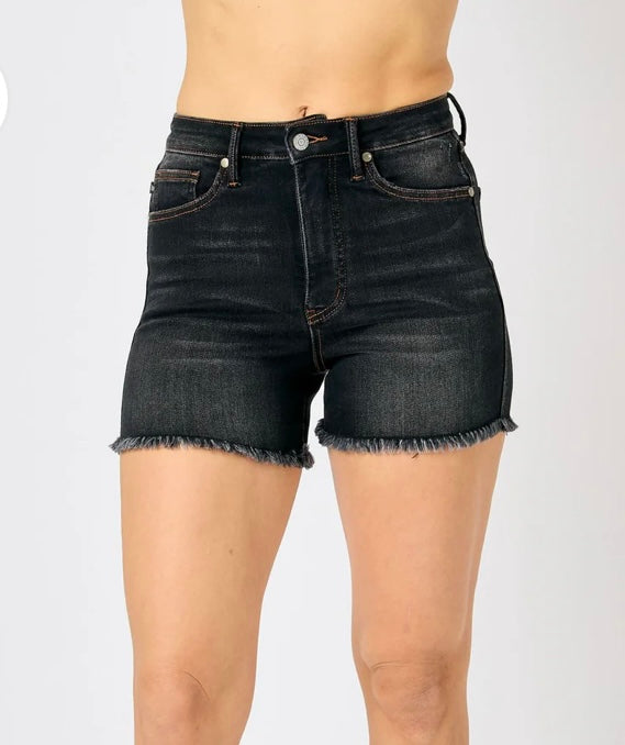 Neutral Girly Black Denim Shorts with Tummy Control