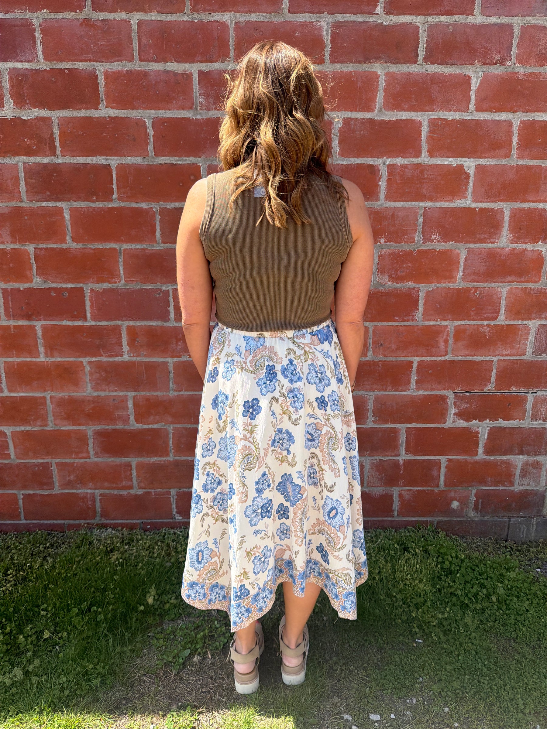 Boho Babe Blue Floral Midi Skirt
