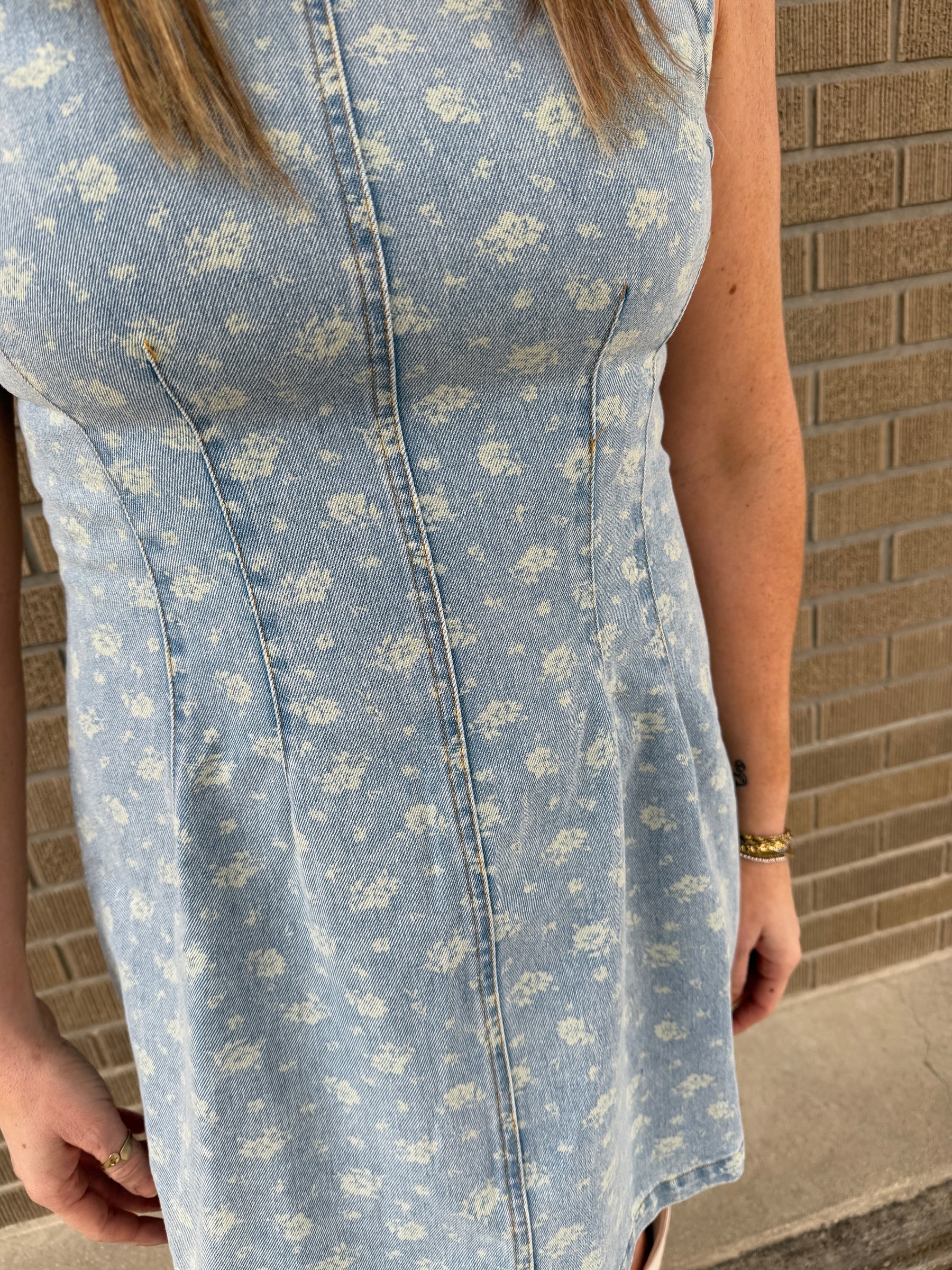 Sleeveless Floral Print Denim Dress