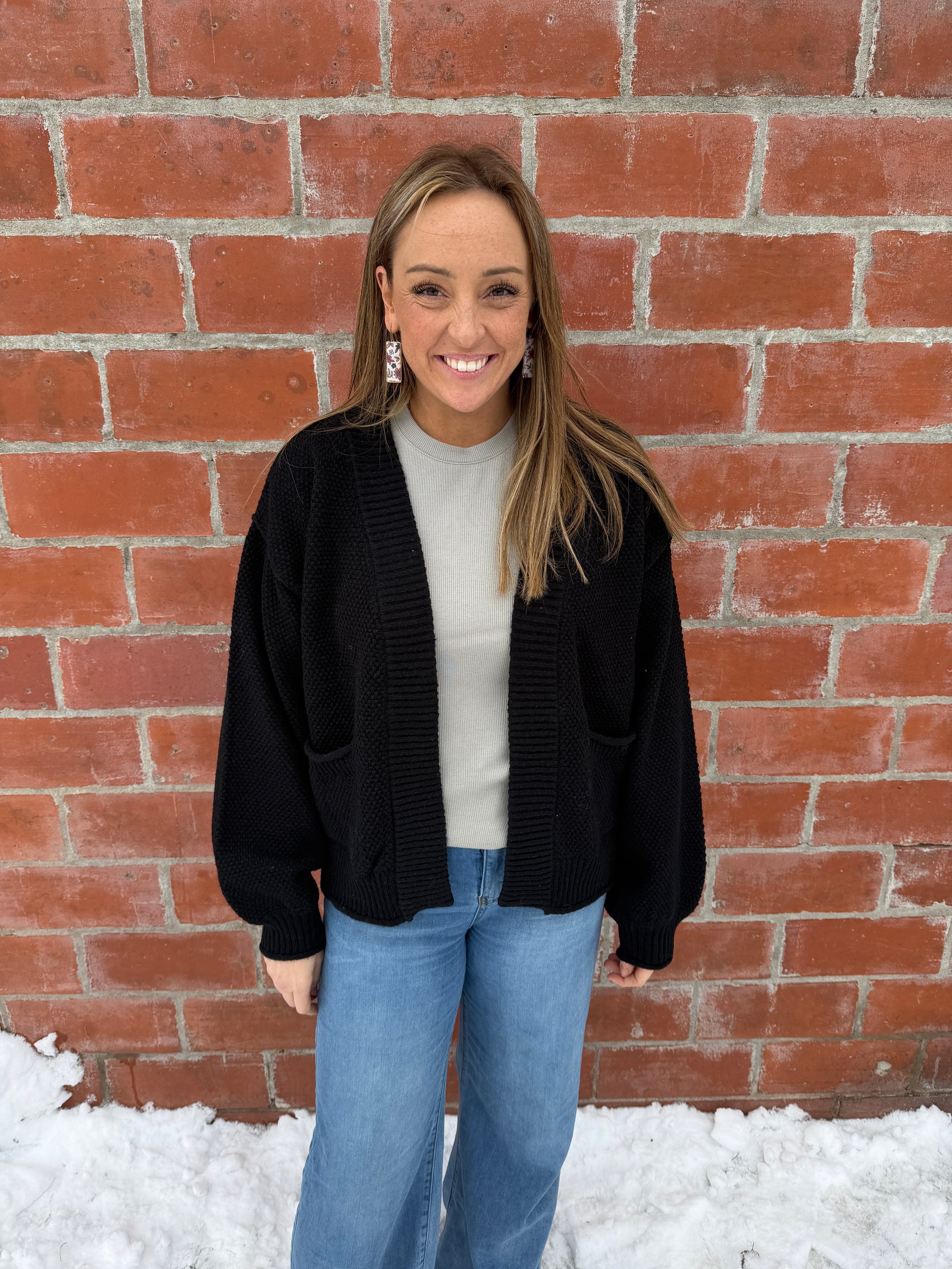 Waffle Knit Cardigan - Black