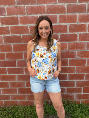Blue Floral Square Neck Tank