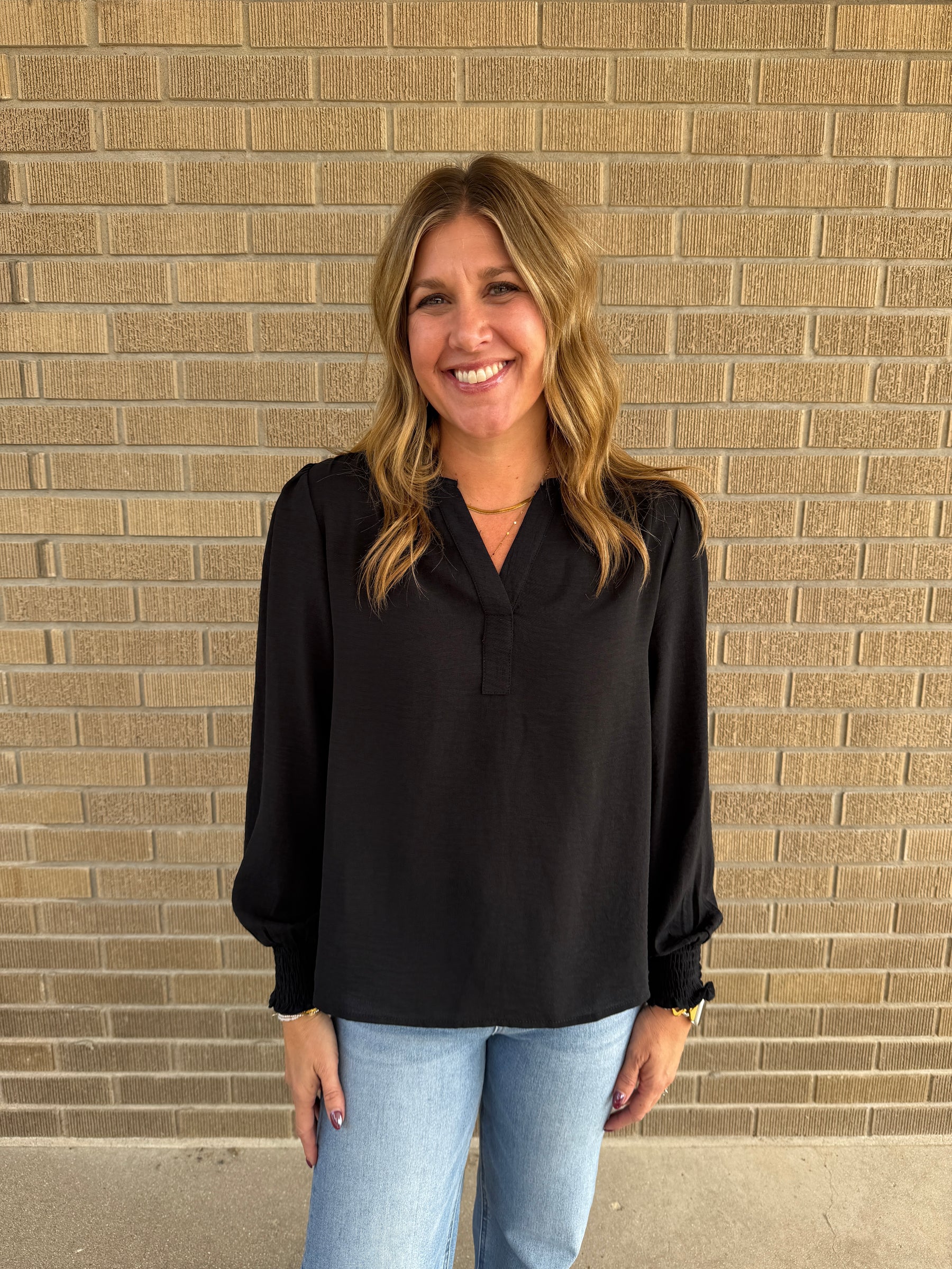 Split V-Neck Blouse - Black