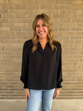Split V-Neck Blouse - Black