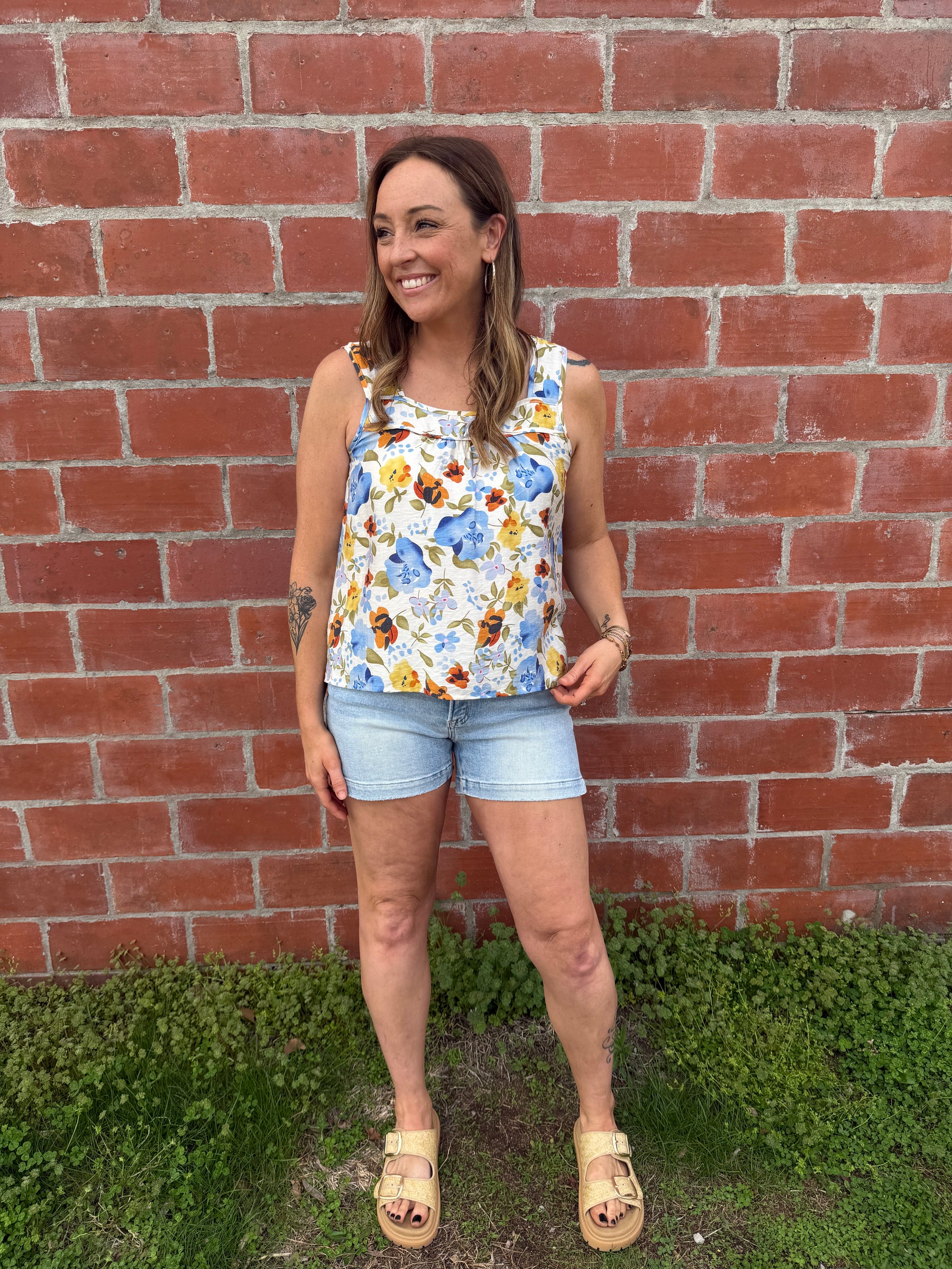 Blue Floral Square Neck Tank
