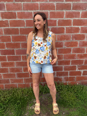 Blue Floral Square Neck Tank