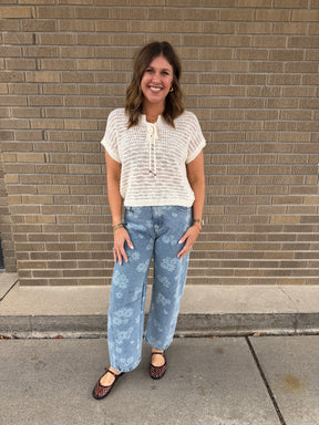 Blue Floral Barrel Jeans