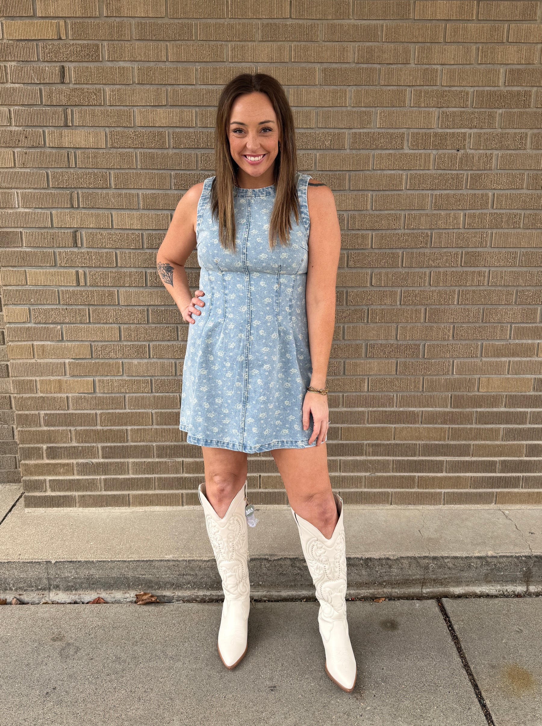 Sleeveless Floral Print Denim Dress