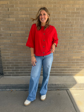 Short Sleeve Cardigan - Red