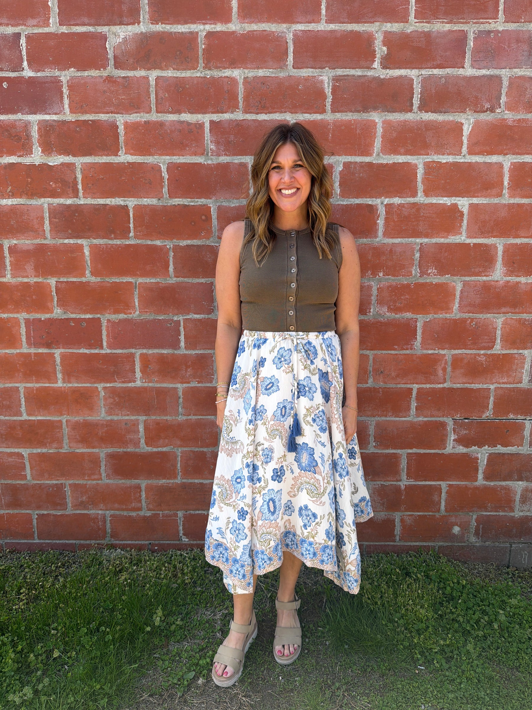 Boho Babe Blue Floral Midi Skirt