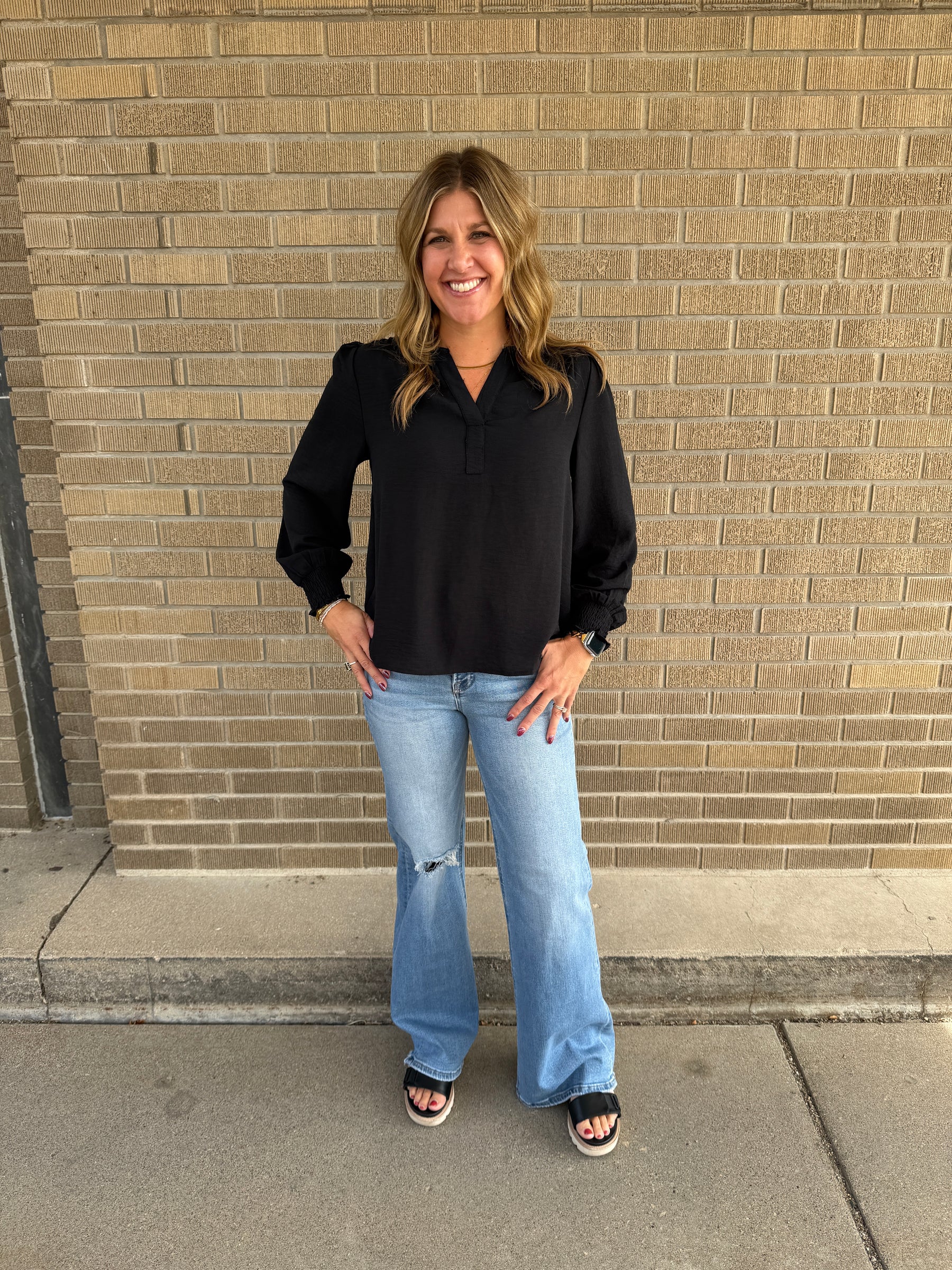 Split V-Neck Blouse - Black