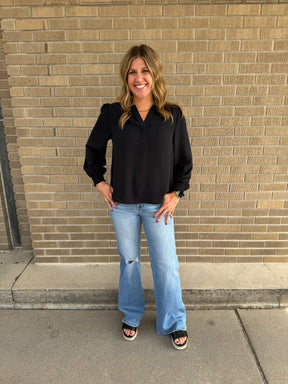 Split V-Neck Blouse - Black