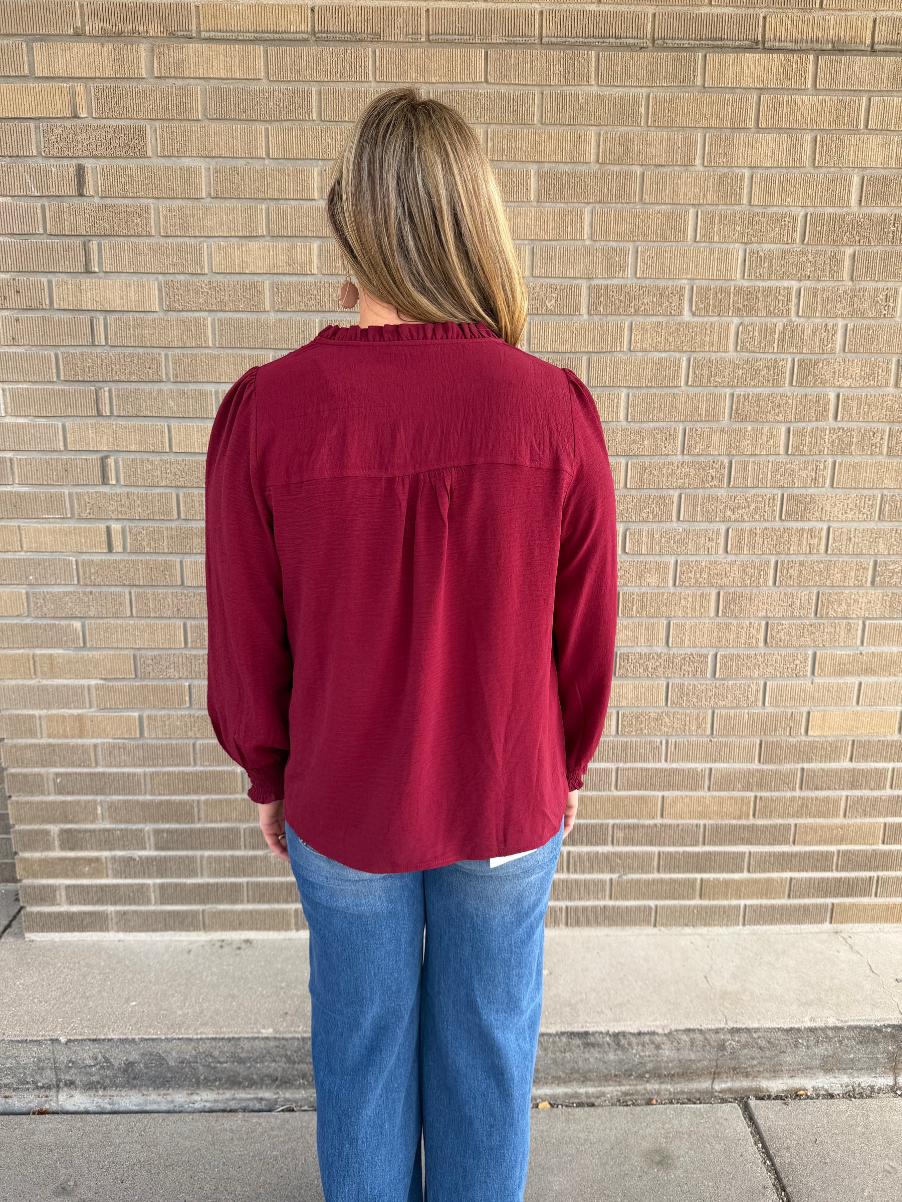 Split V-Neck Blouse - Burgundy