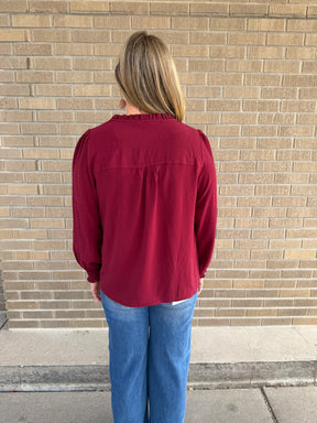 Split V-Neck Blouse - Burgundy