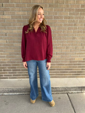 Split V-Neck Blouse - Burgundy