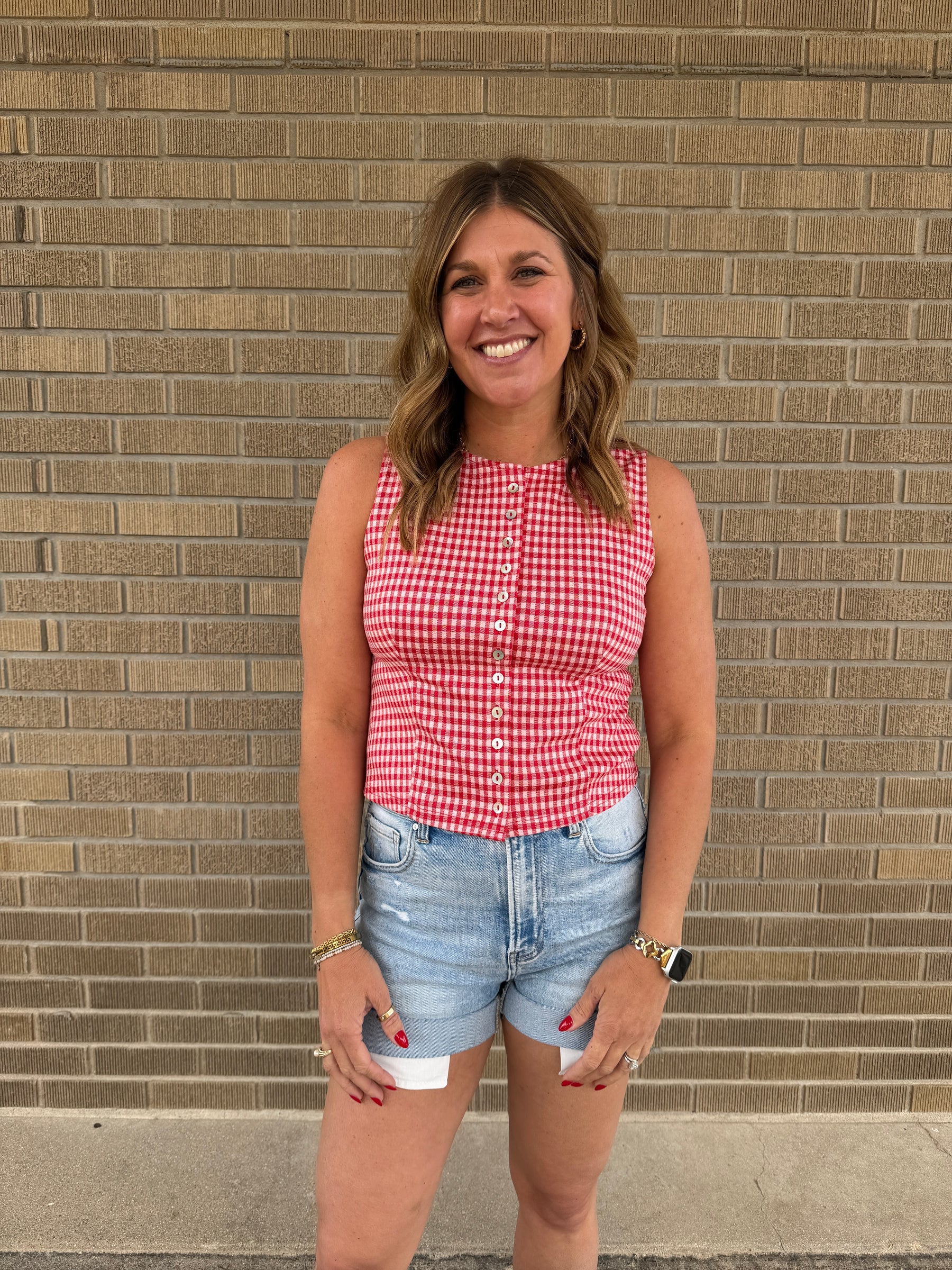 Red Gingham Button Up Tank