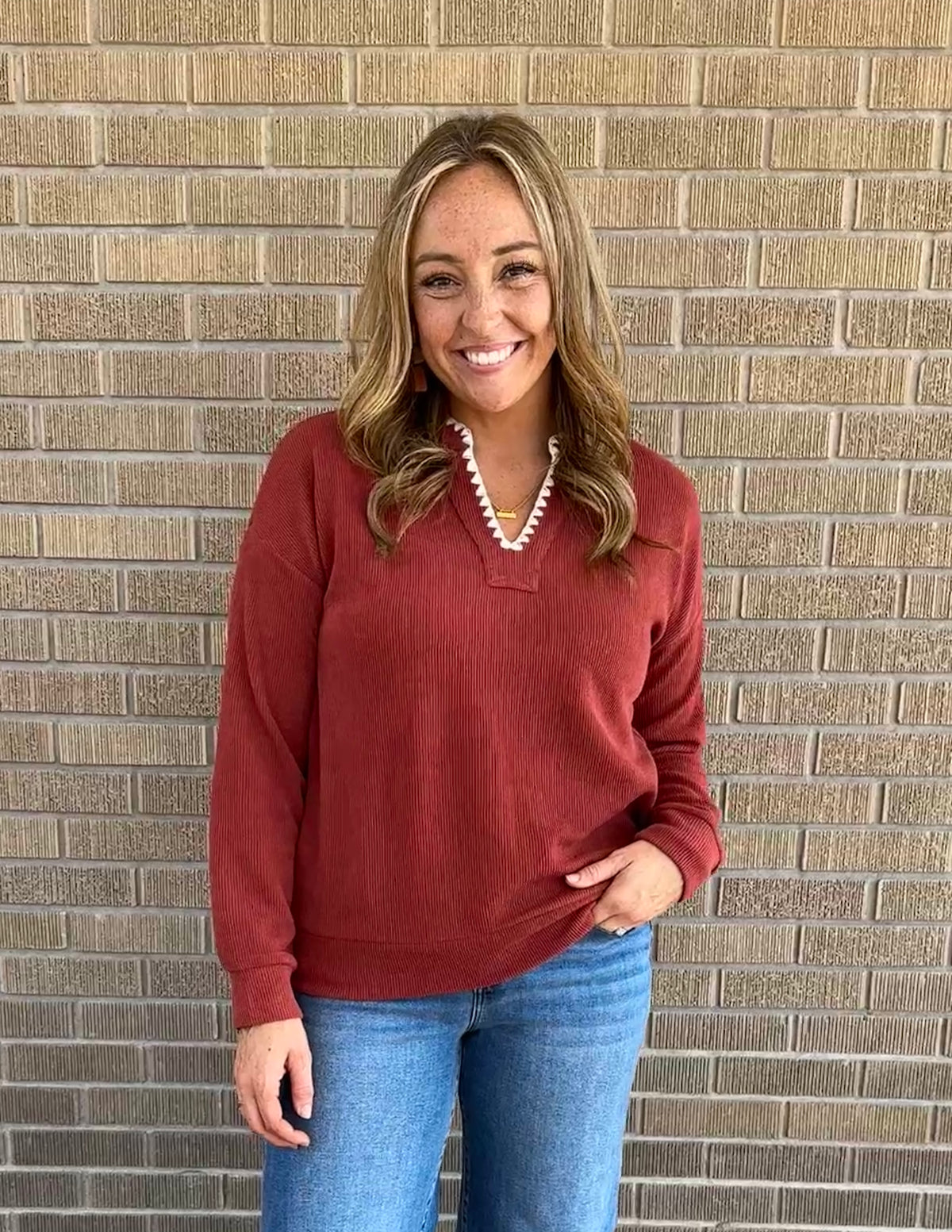 Rust Split Neck Stitched Top