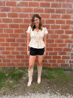 Embroidered Tie Front Top