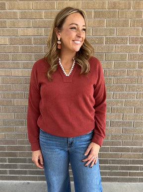 Rust Split Neck Stitched Top