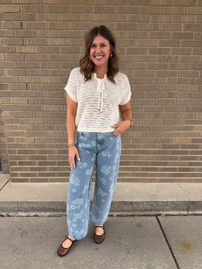 Blue Floral Barrel Jeans