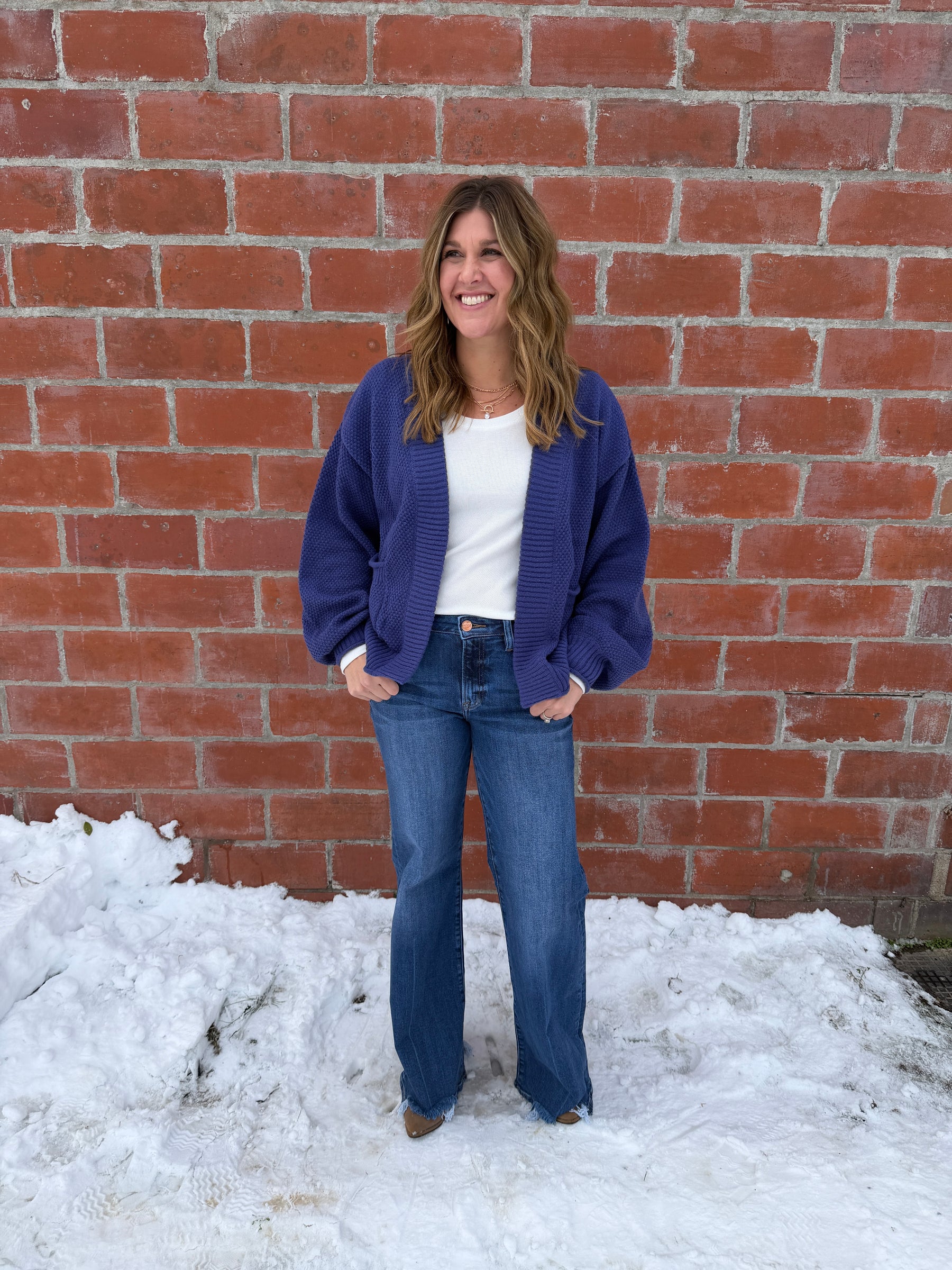 Waffle Knit Cardigan - Indigo