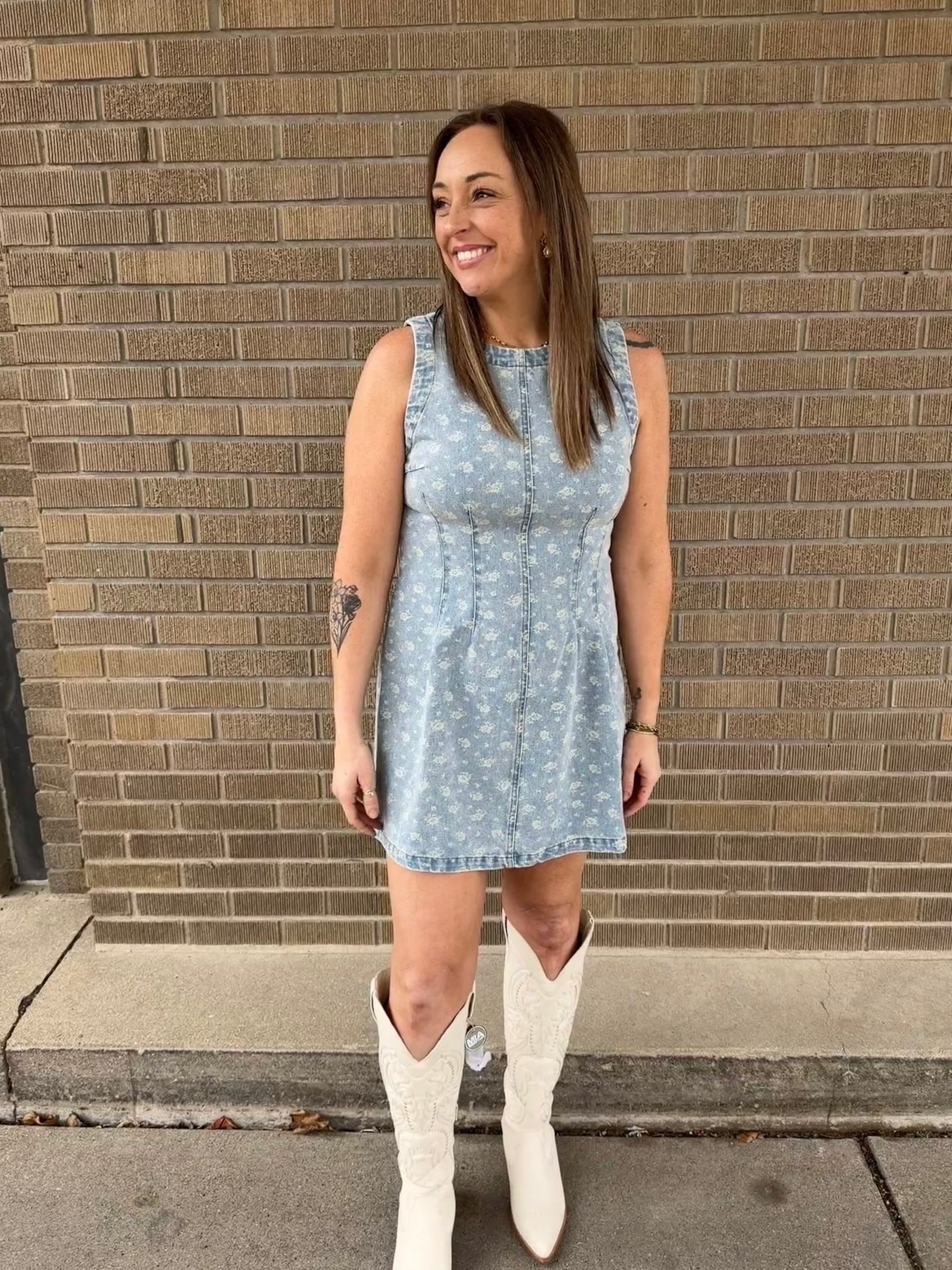 Sleeveless Floral Print Denim Dress