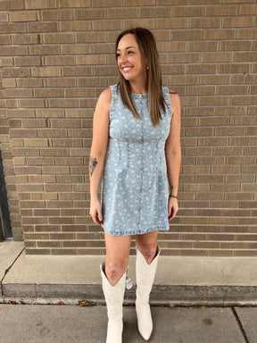 Sleeveless Floral Print Denim Dress