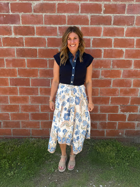 Boho Babe Blue Floral Midi Skirt
