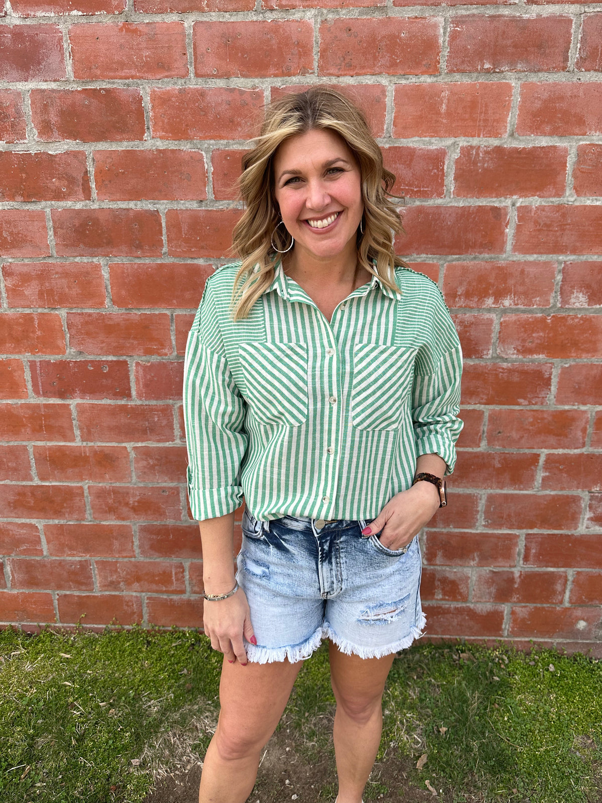 Kelly Green Stripe Button Up