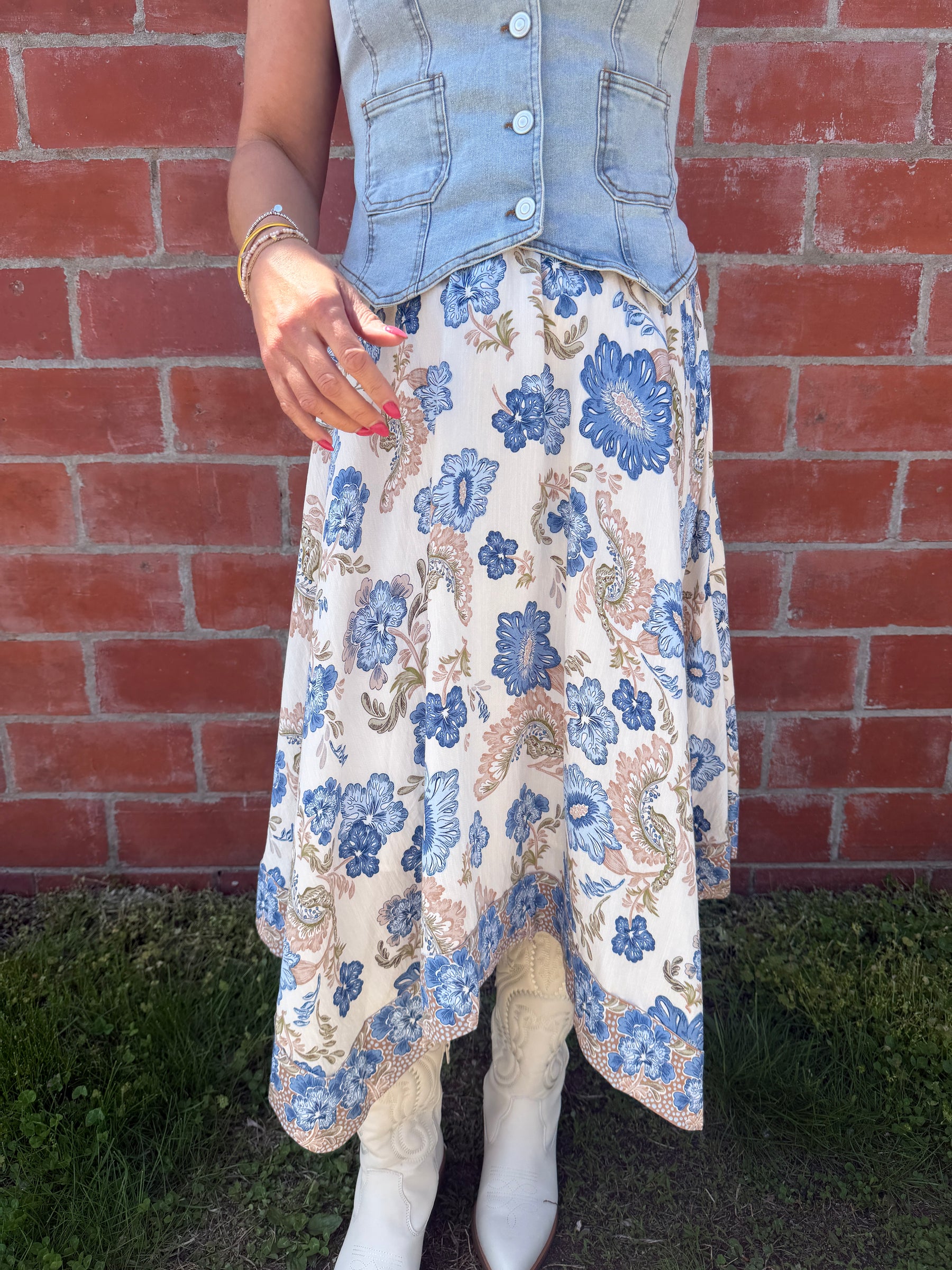 Boho Babe Blue Floral Midi Skirt