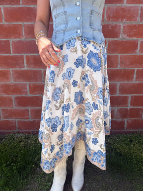 Boho Babe Blue Floral Midi Skirt