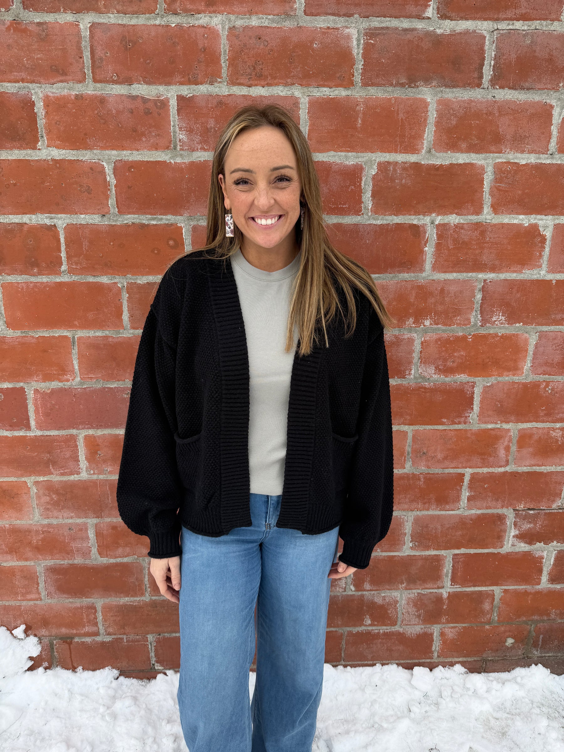 Waffle Knit Cardigan - Black