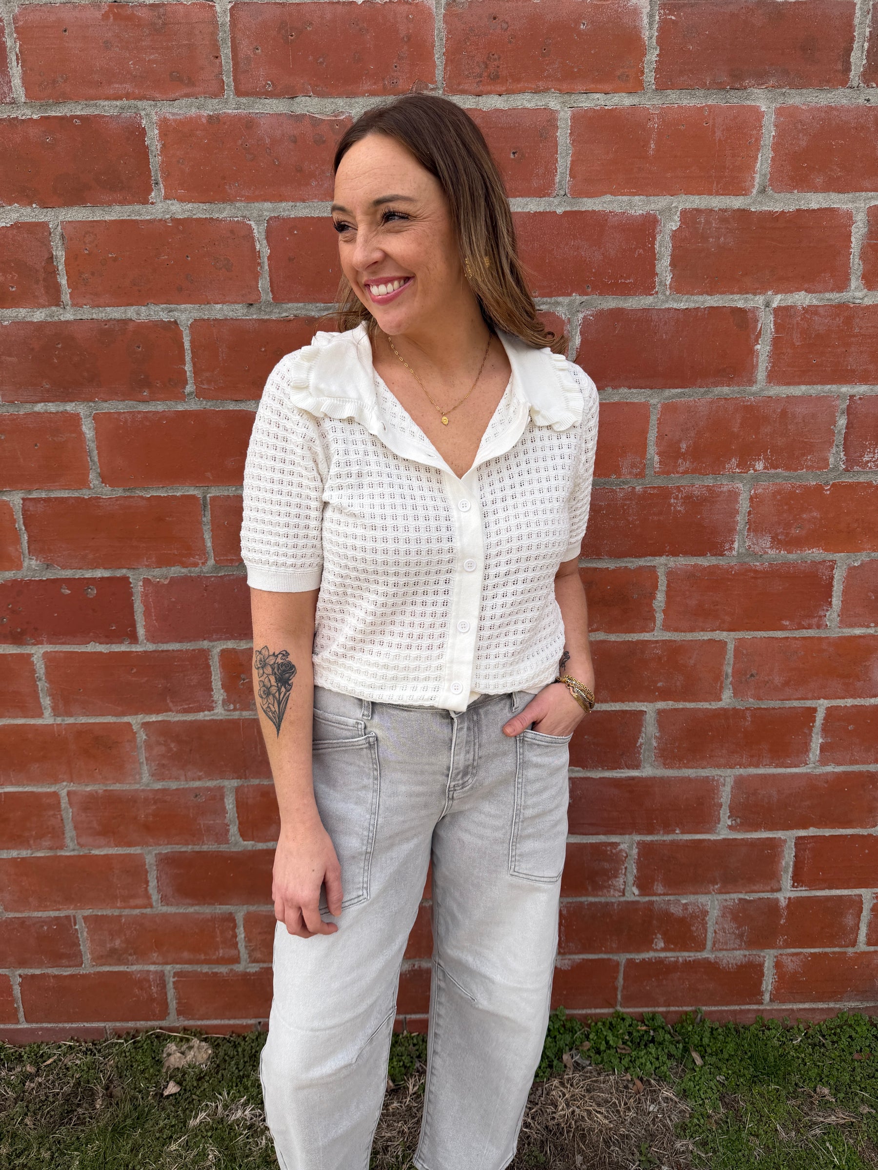 Off White Ruffle Collar Top