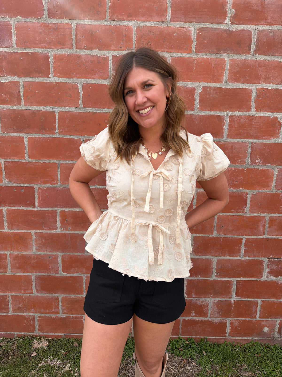 Embroidered Tie Front Top