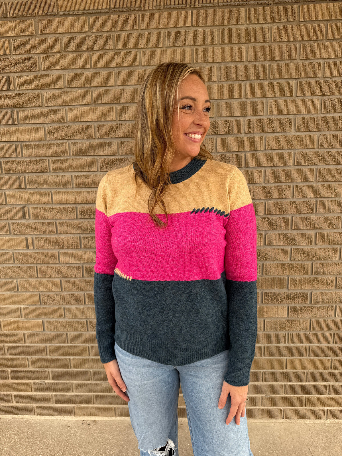 Pink and Navy Colorblock Sweater