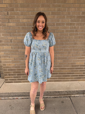 Blue Floral Denim Dress