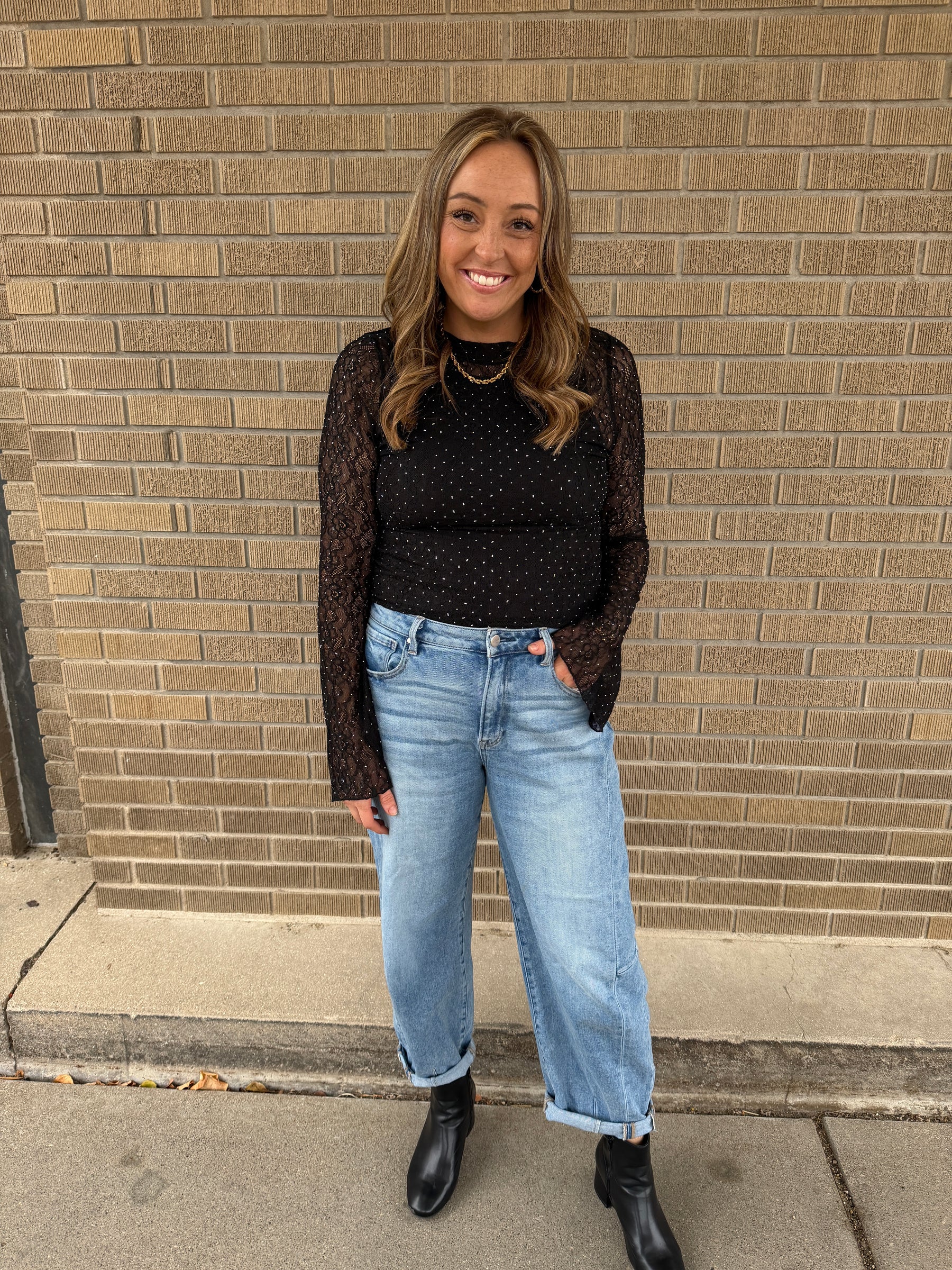 Black Rhinestone Lace Top