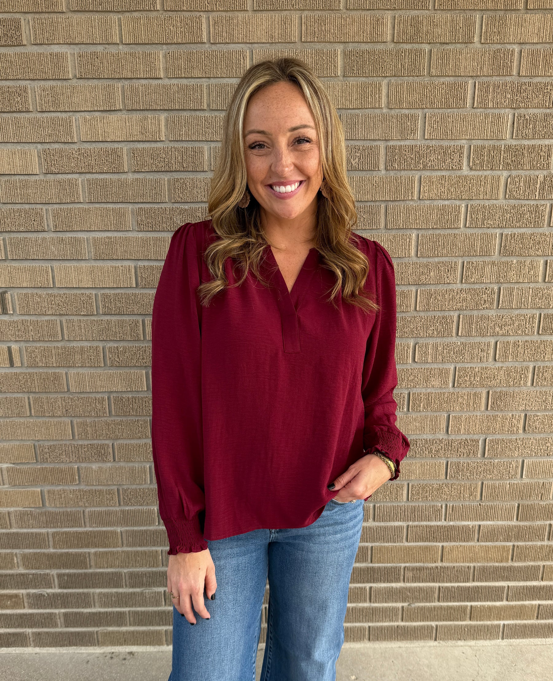 Split V-Neck Blouse - Burgundy