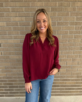 Split V-Neck Blouse - Burgundy
