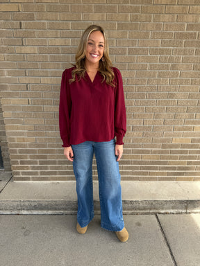 Split V-Neck Blouse - Burgundy
