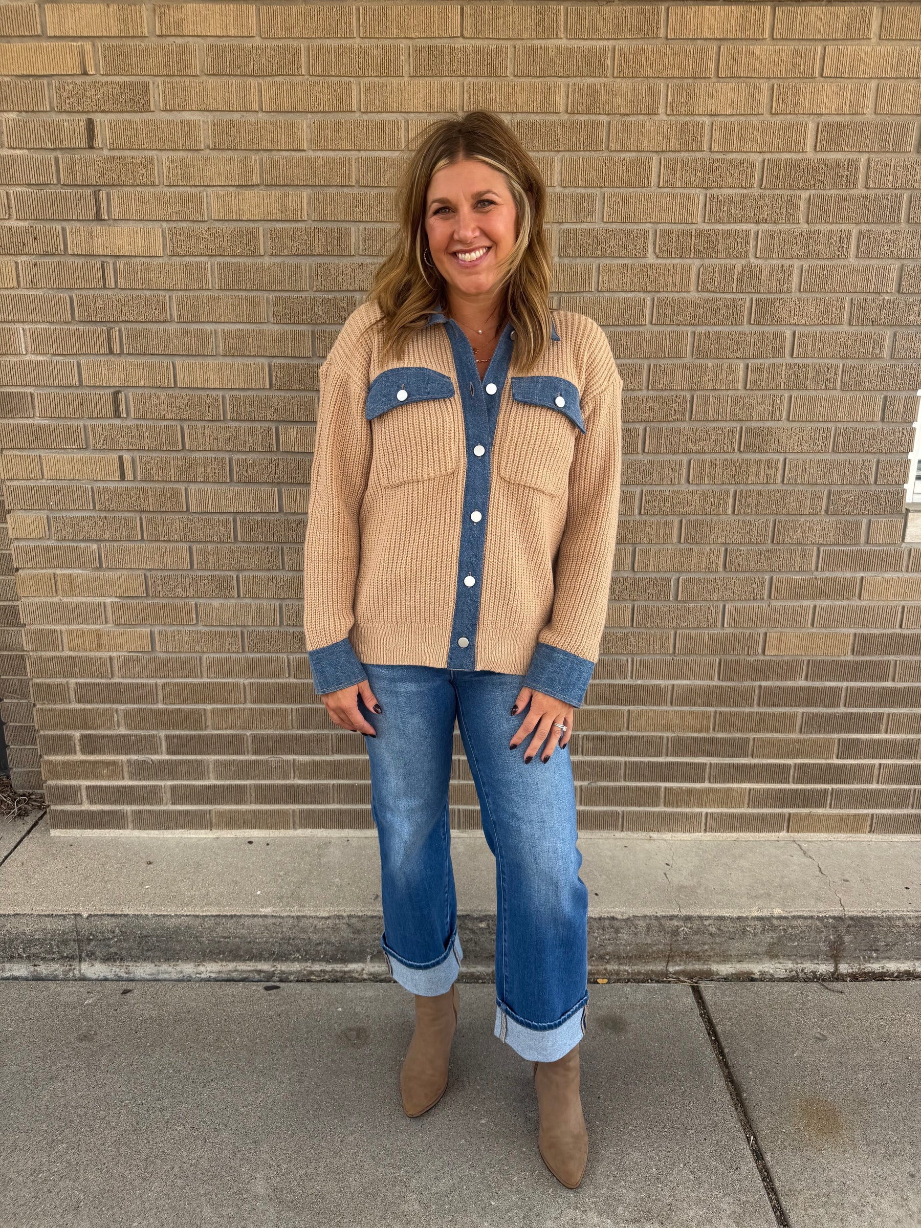 Taupe Cardigan with Denim Trim