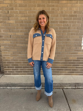 Taupe Cardigan with Denim Trim