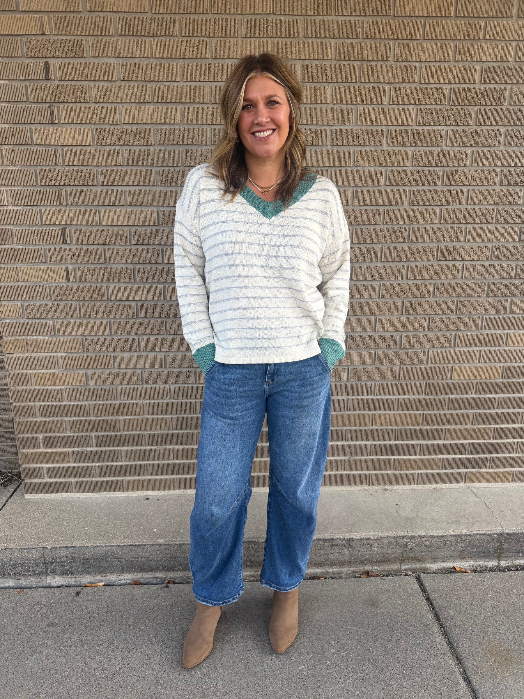 Sage V-Neck Stripe Sweater